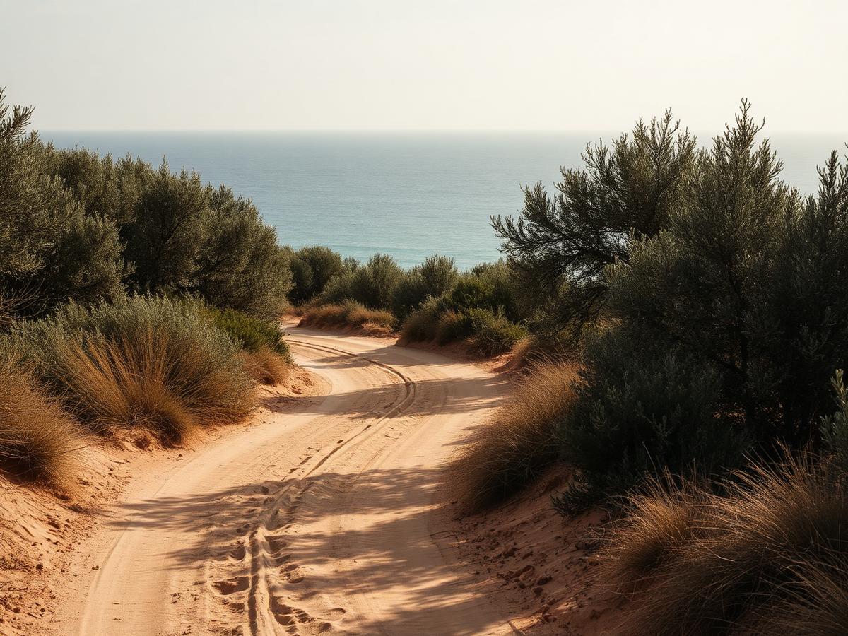 Piste sableuse traversant la garrigue vers la mer
